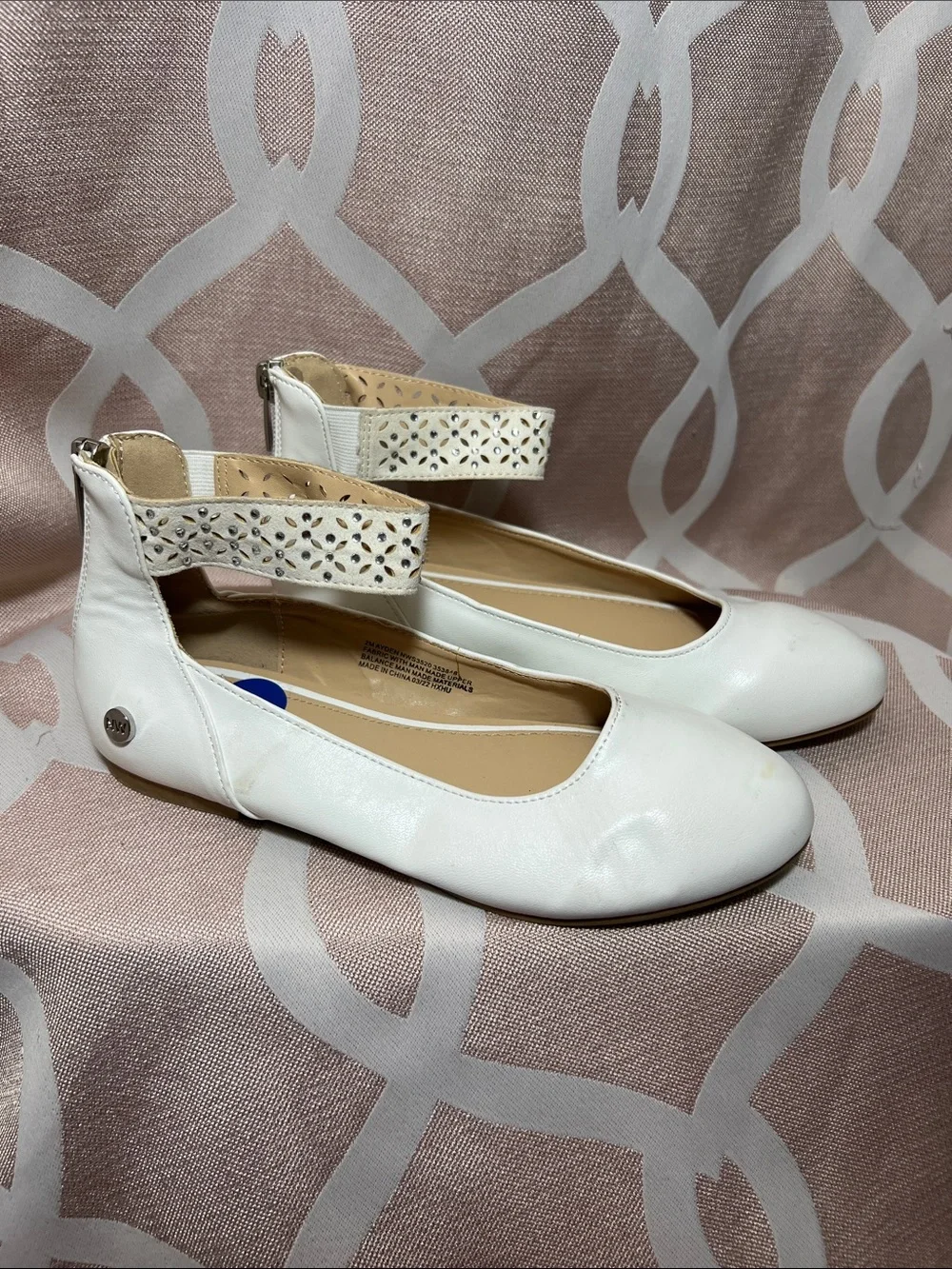 Nine West White Girls' Laser-Cut Ankle-Strap Ballet Flats